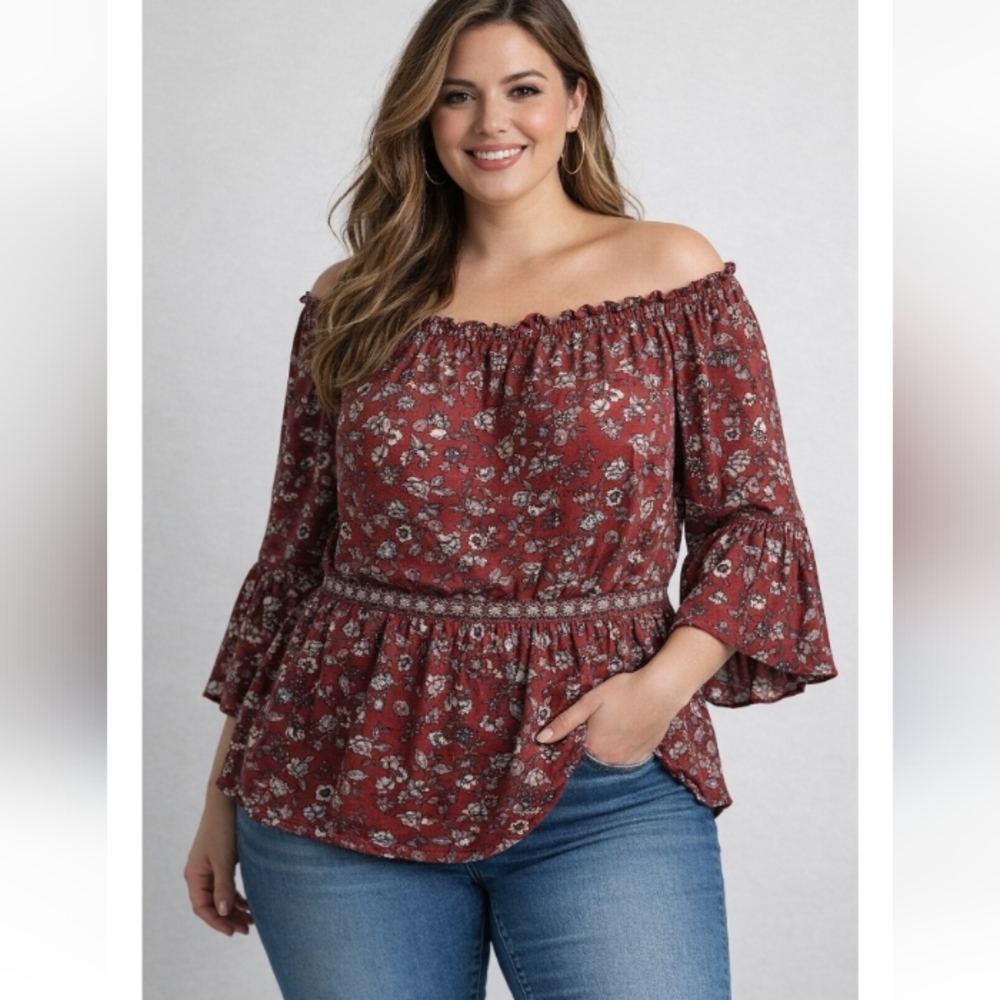 Max Studio Red Floral Off-Shoulder Peasant Top | Size 1X | Boho Bell Sleeve